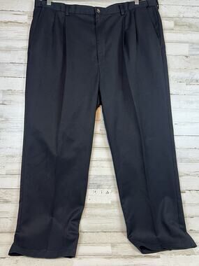 Haggar Mens Black Label Pleated Front Dress Pants 42X30 Black Expandable Waist